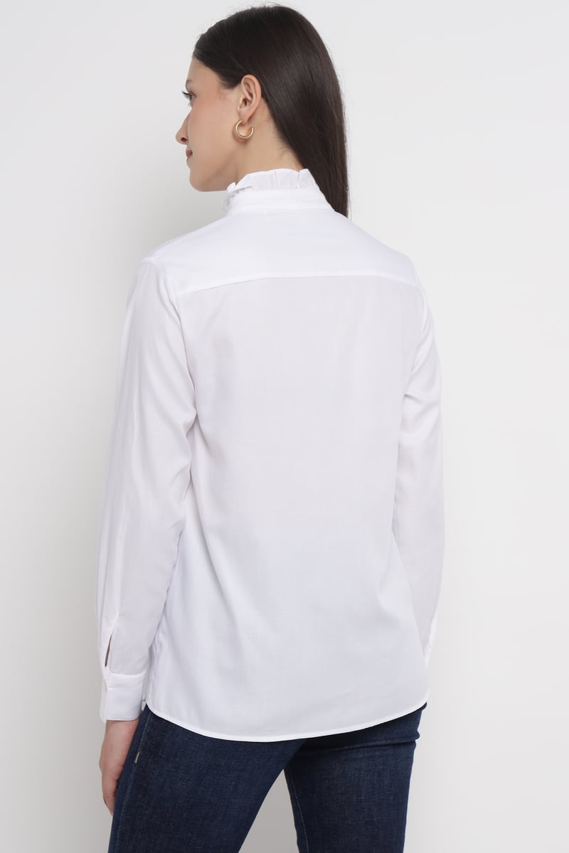 White Ruffle-Placket Cotton Shirt