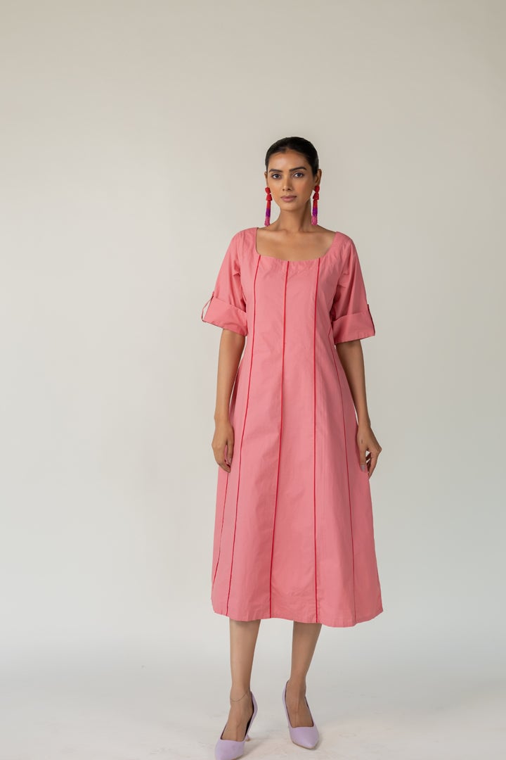 Blush Pink Poplin A-Line Midi Dress with Square Neck