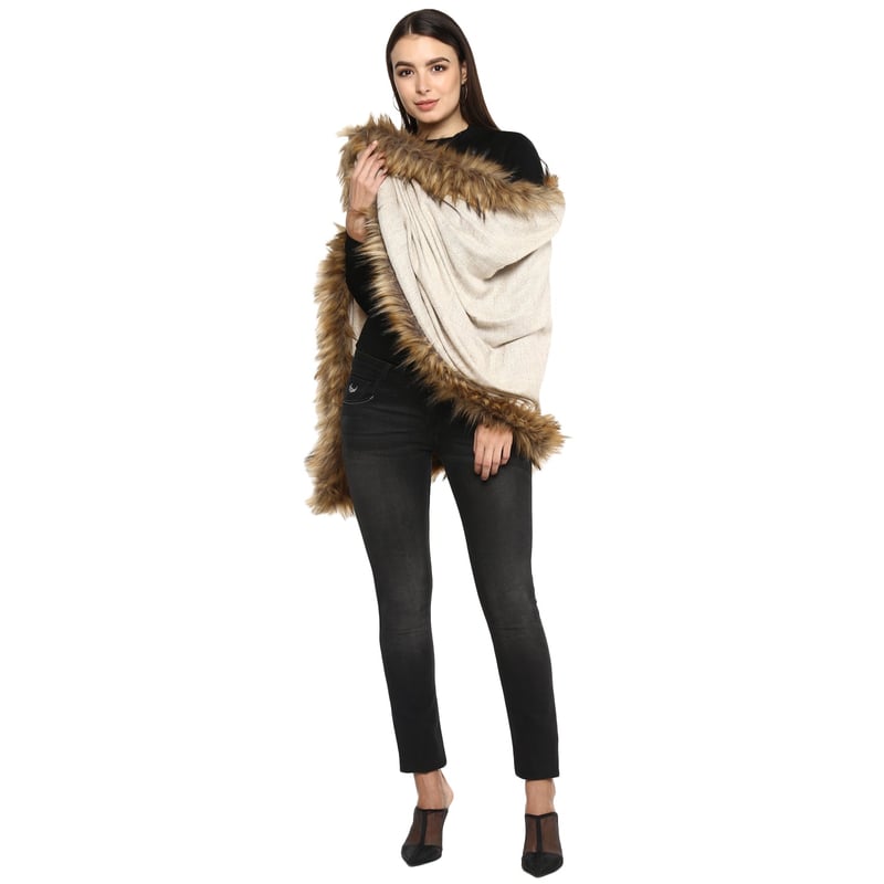 Beige Herringbone Wool-Blend Stole with Faux Fur Trim