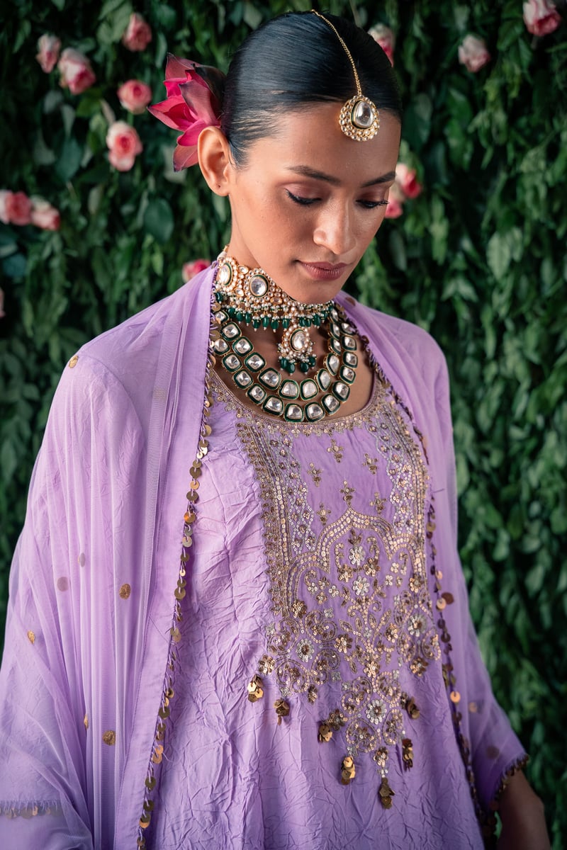 Lavender Crushed Silk Embroidered Kurta Set with Dupatta