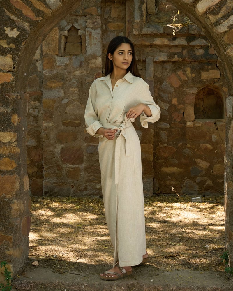 Beige Linen Shirt and Wrap Maxi Skirt Co-ord Set