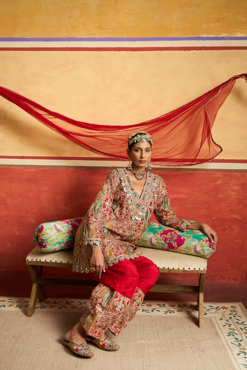 Red Paisley Embroidered Kurta Set with Dupatta