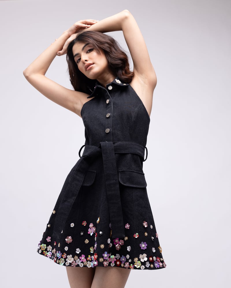 Black Denim Halter Mini Dress with Embellished Hem