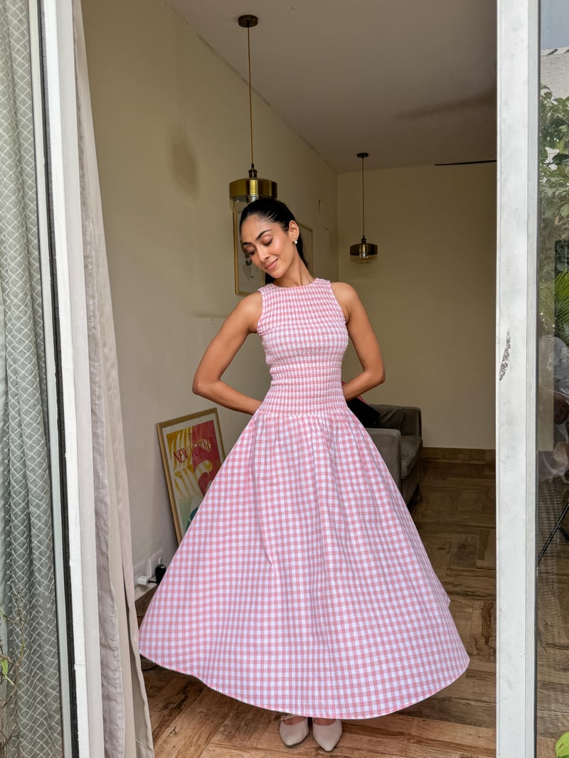 Pink Gingham Smocked Bodice Fit and Flare Maxi Dress