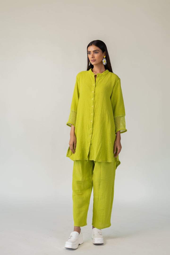 Green Cotton Tunic and Tapered Pants Co-ord Set
