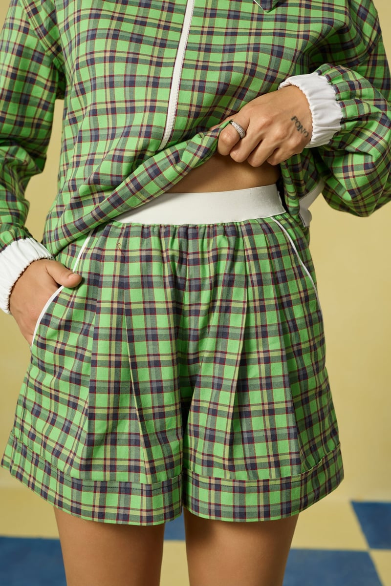 Green and White Plaid Shirt and Shorts Co-ord Set