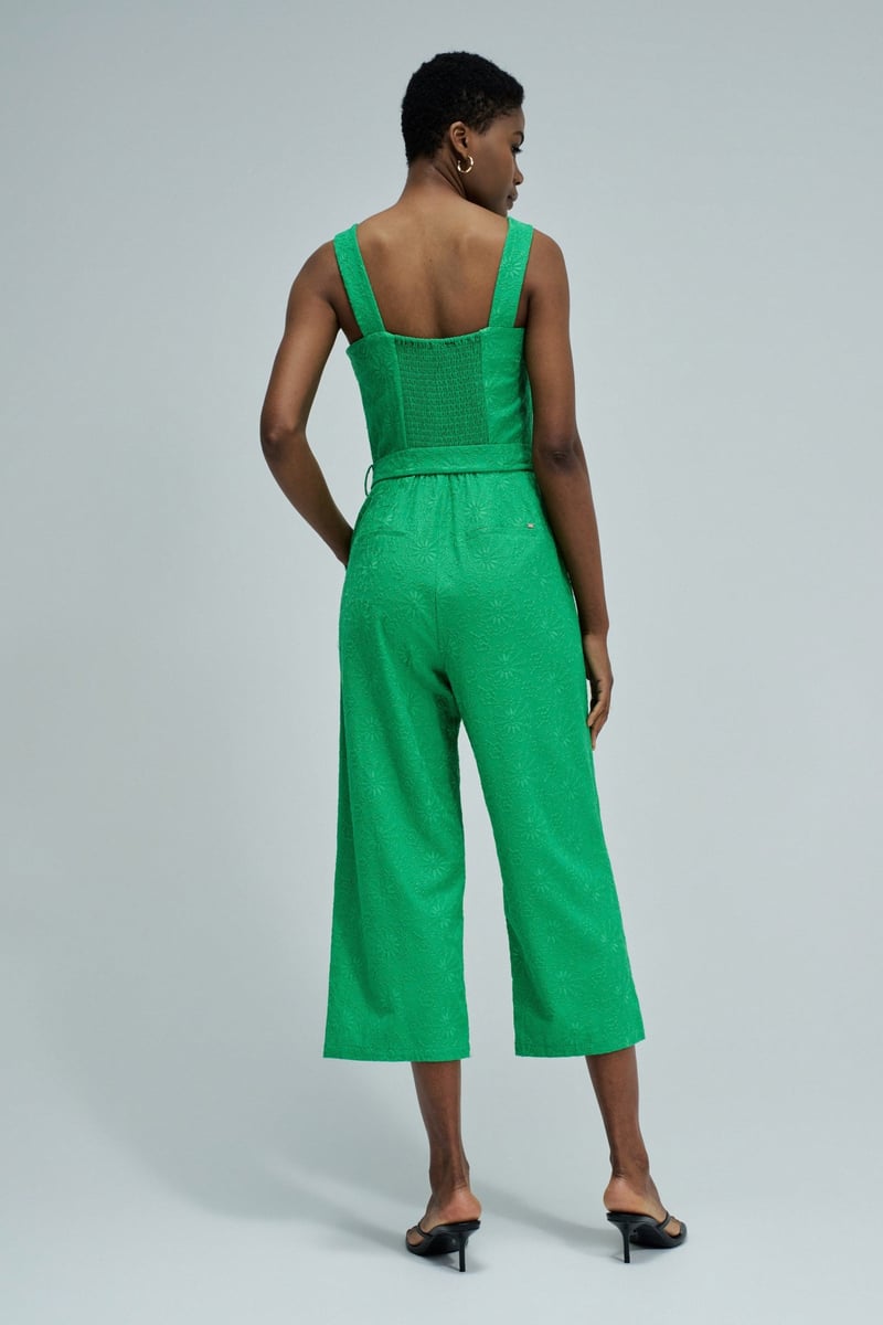 Medium Green Embroidered Belted Cropped Jumpsuit