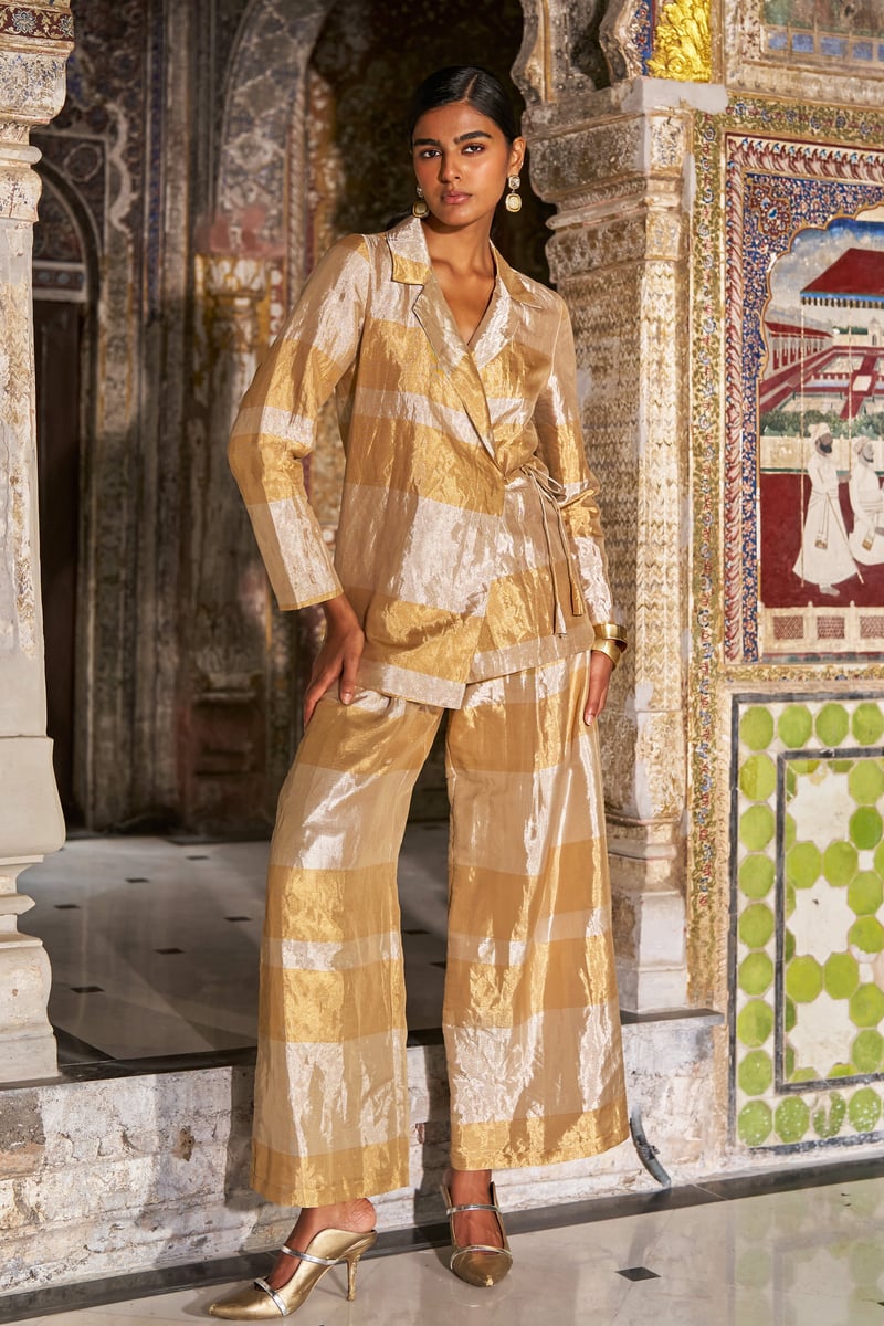 Champagne Gold Metallic Striped Wrap Tie Blazer