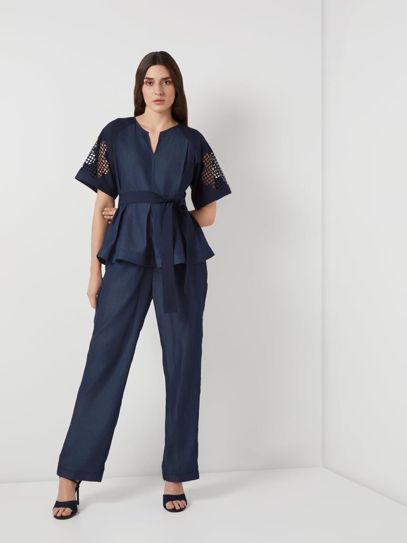 Navy Tencel Denim Peplum Top with Cutwork Sleeves