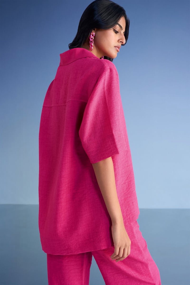 Fuchsia Linen-Textured High-Low Popover Top