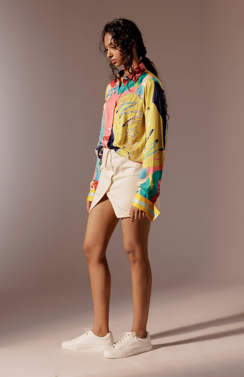 Multicolour Abstract Printed Satin Shirt with Embroidery