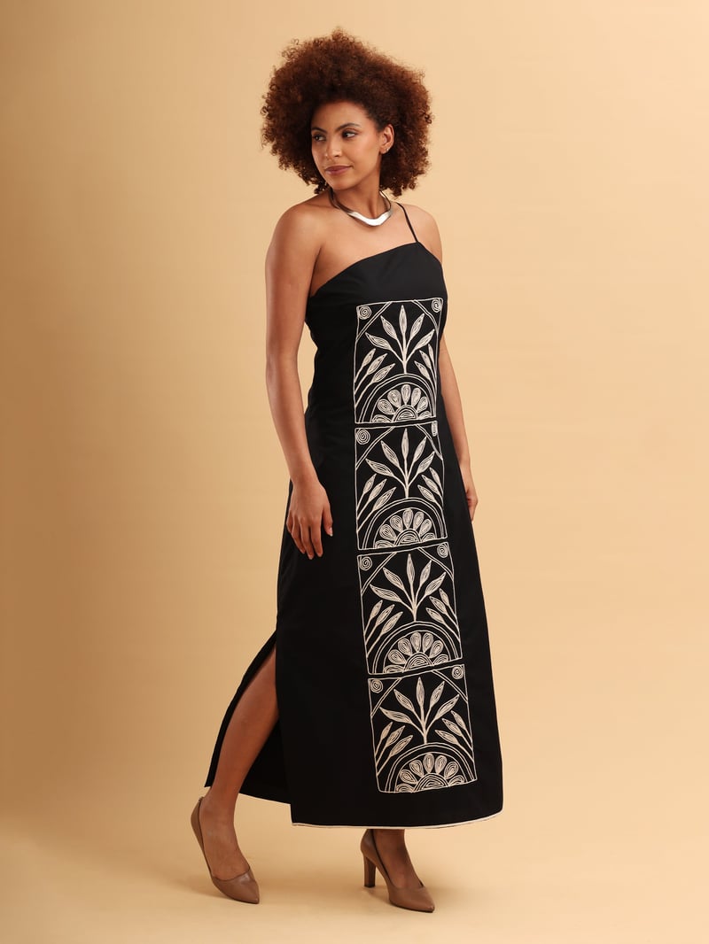 Black One-Shoulder Maxi Dress with Embroidered Panel