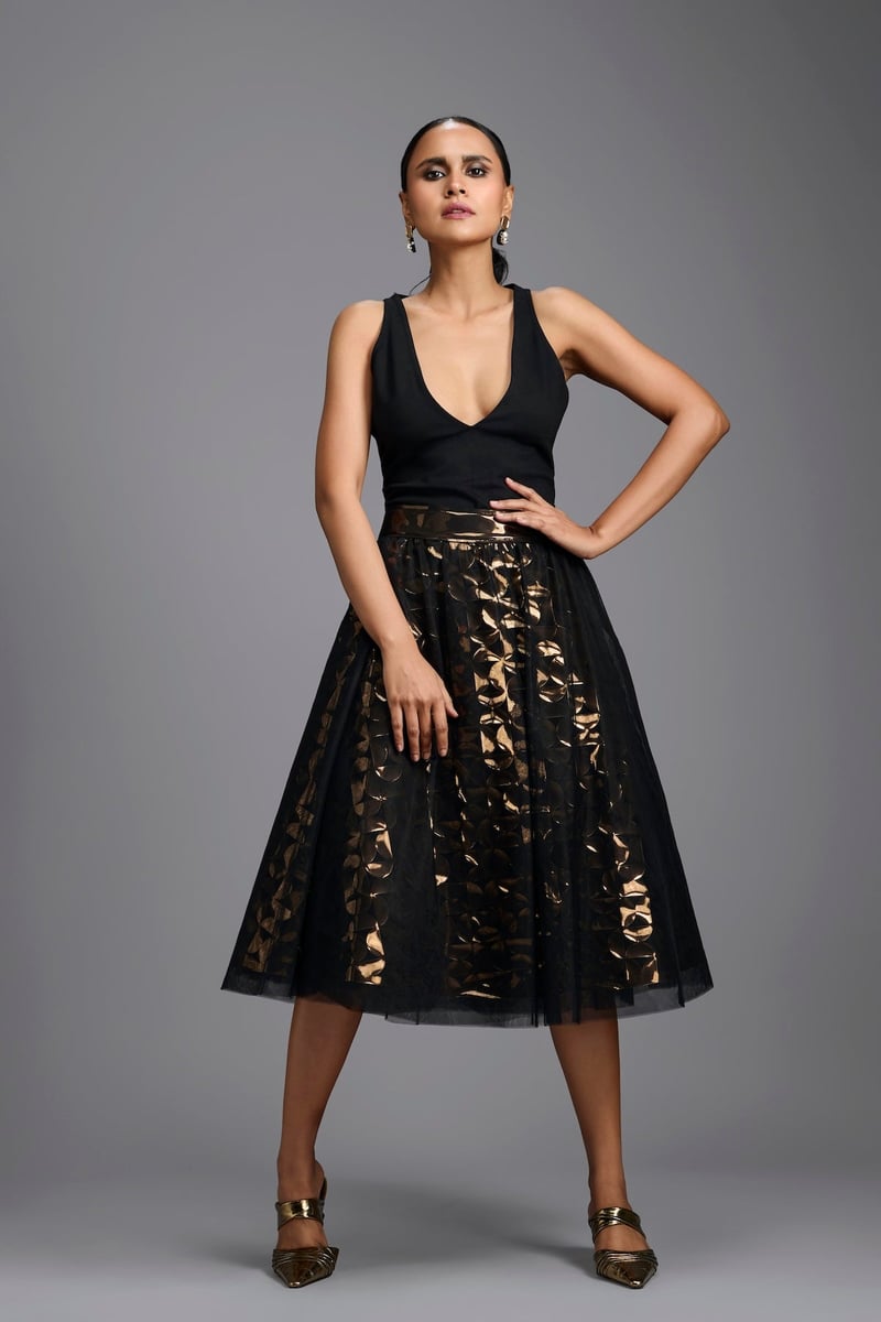 Black and Gold Metallic Cutwork Midi Skirt