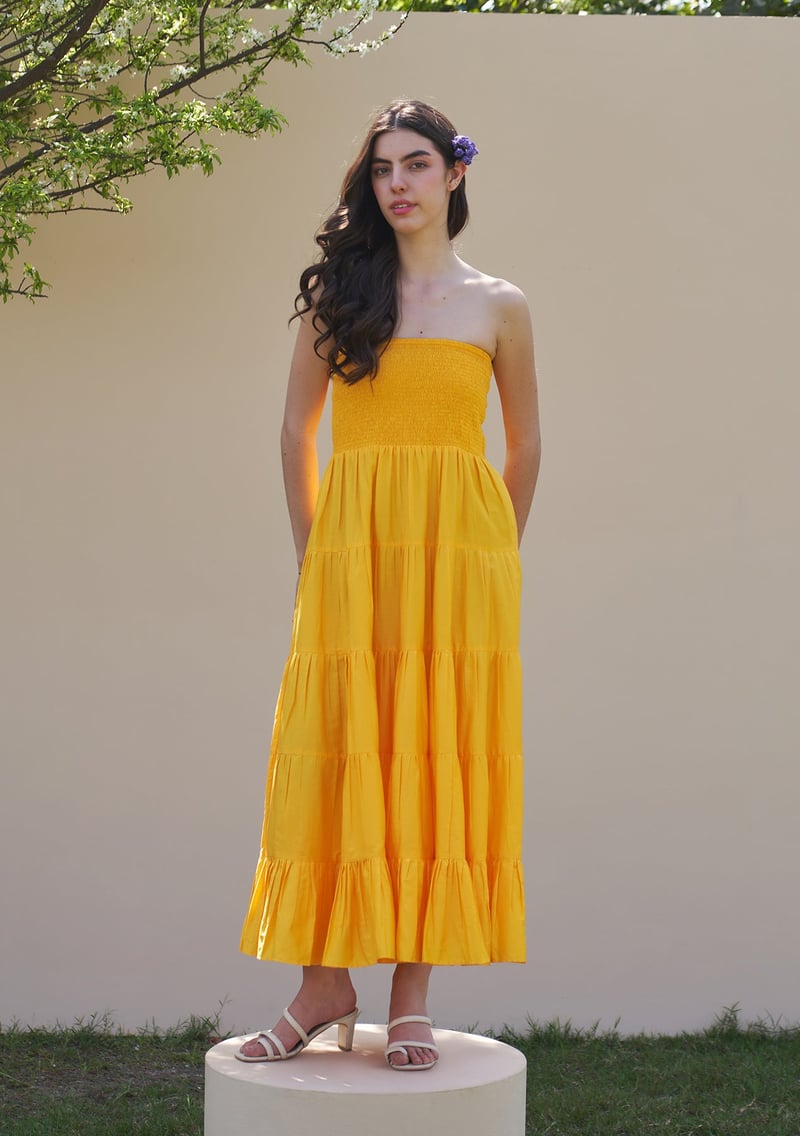 Mango Yellow Tiered Smocked Midi Dress with Detachable Sleeves