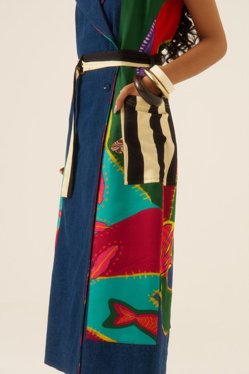 Multicolor Trench-Style Wrap Midi Dress with Belt