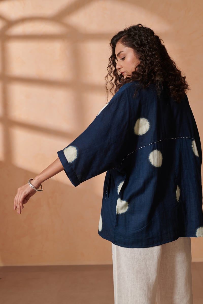 Indigo Ivory Dot Boxy Button-Down Double Gauze Cotton Shirt