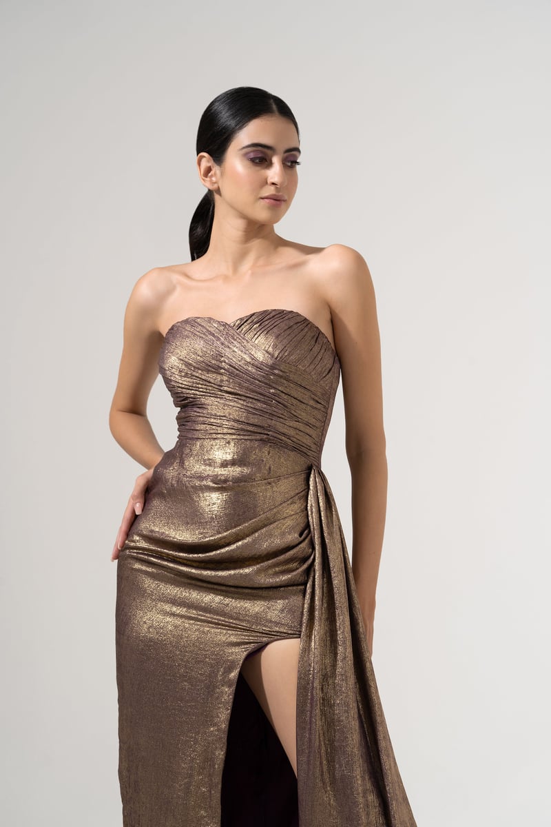 Gold Plum Metallic Sweetheart Strapless Maxi Gown