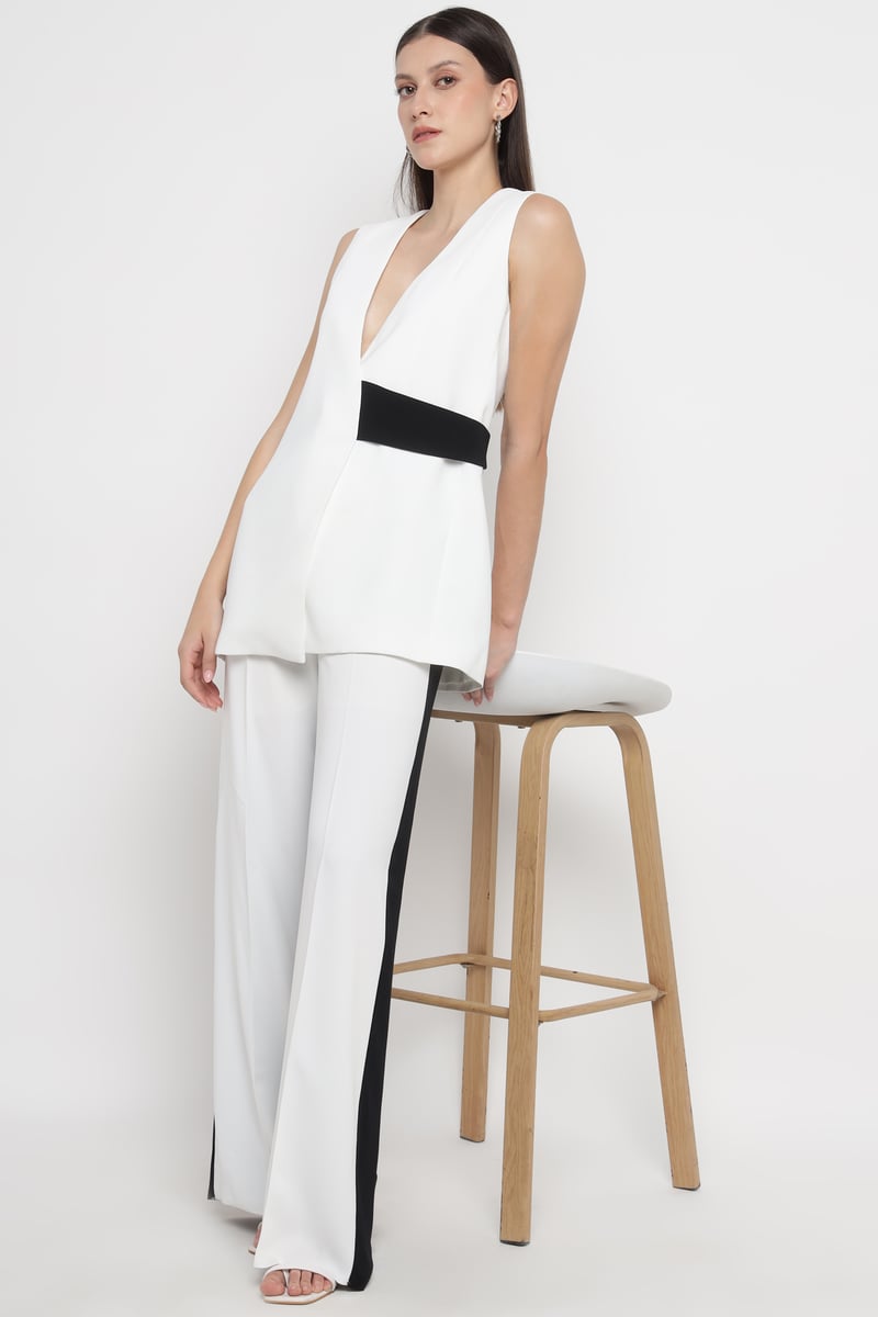 White V-Neck Longline Waistcoat with Black Waist Accent