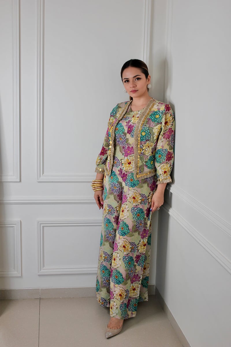 Beige Floral Printed Jumpsuit Set with Cropped Jacket — BUMBLEBEE