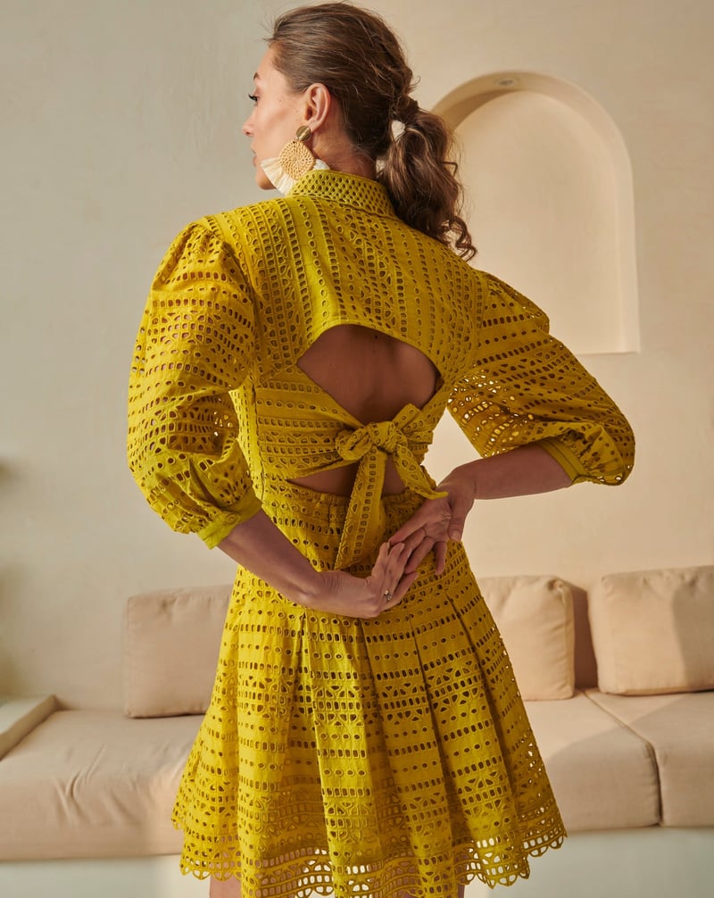 Lime Green Schiffli Cutwork Fit and Flare Mini Dress