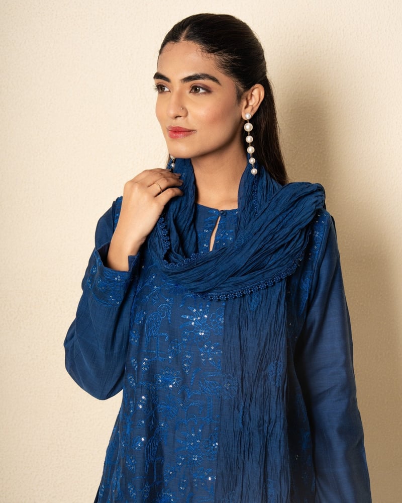 Cobalt Bloom Chanderi Blue Floral Embroidered Suit Set (Set Of 3)