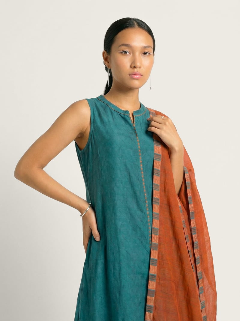 Teal Straight Muslin Silk Kurta Set with Dupatta