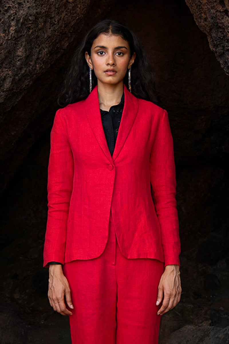 Red Linen Shawl Lapel Single-Button Tailored Blazer
