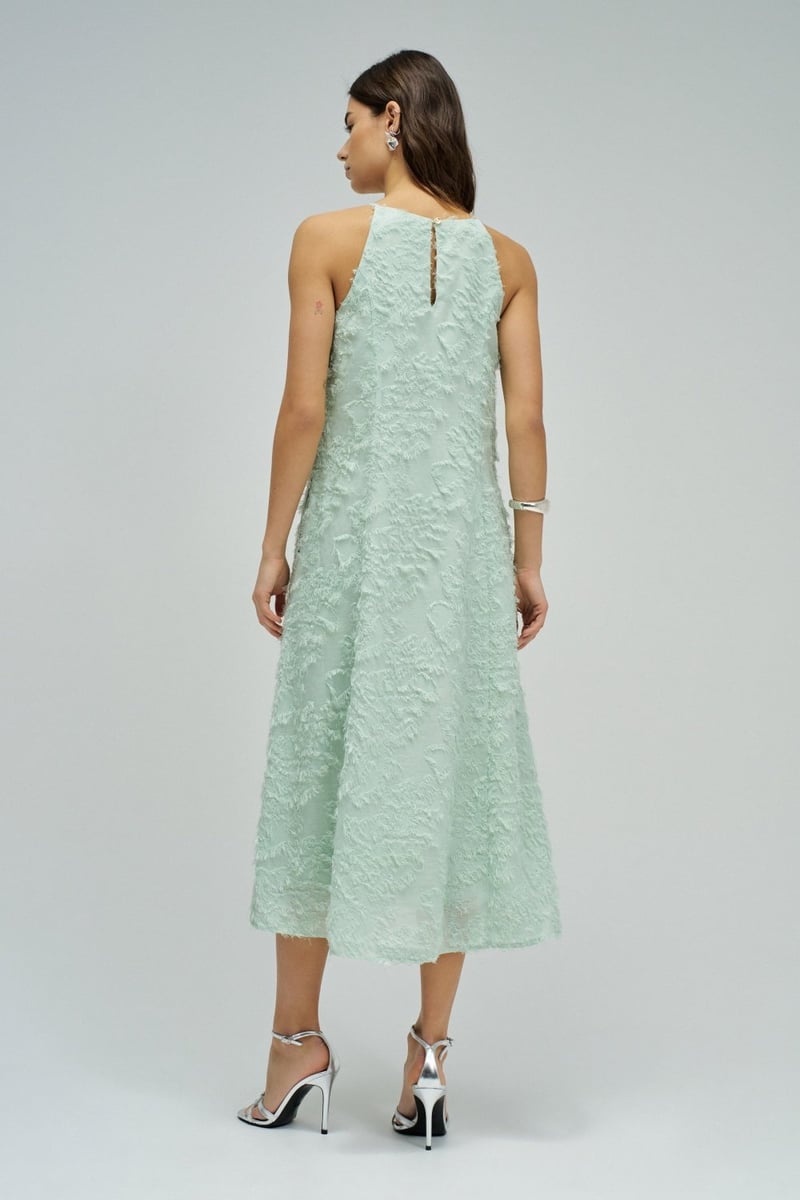 Light Green Textured High Neck A-Line Midi Dress