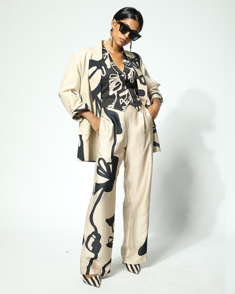 Beige and Black Abstract Print High-Waist Wide-Leg Trousers