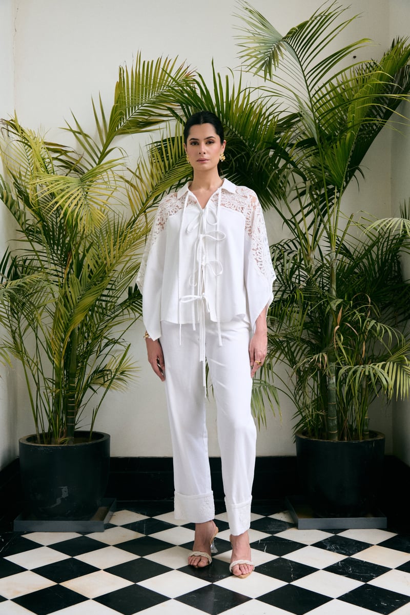 White Lace Yoke Tie-Up Co-ord Set