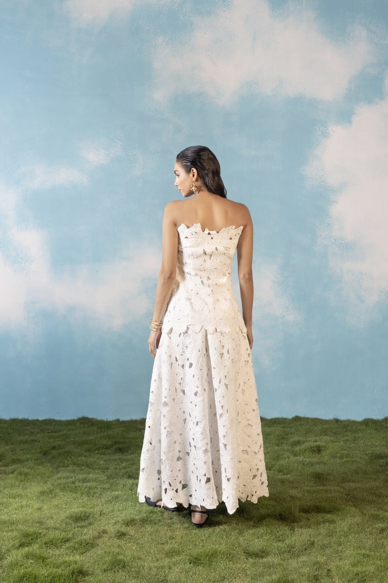 White Lace Strapless Top and Maxi Skirt Co-ord Set
