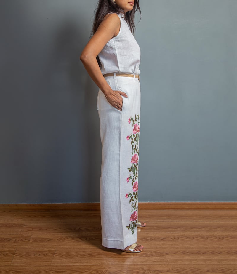 White Linen Wide-Leg Trousers with Rose Vine Embroidery