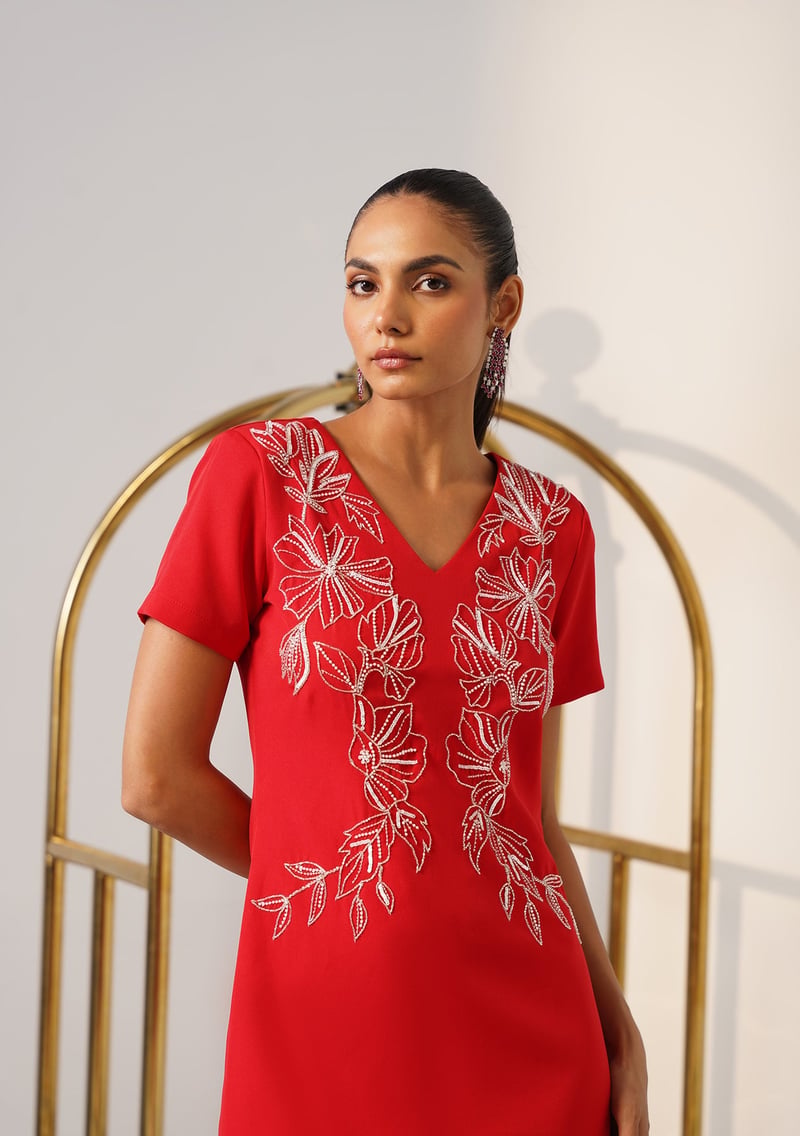 Red V-Neck Embroidered Maxi Dress