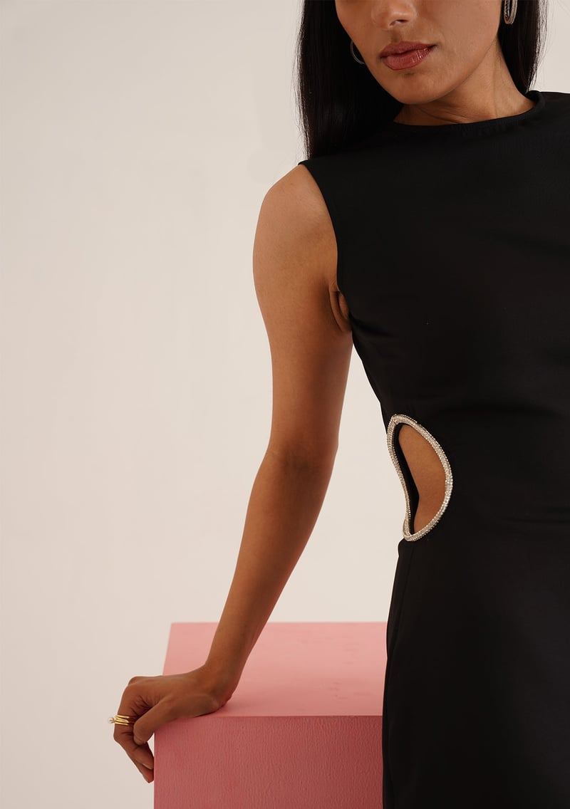 Black Bodycon Midi Dress with Rhinestone Waist Cut-Outs