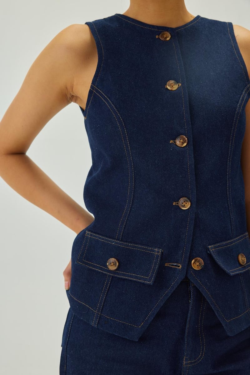 Blue Denim Round Neck Button-Front Waistcoat