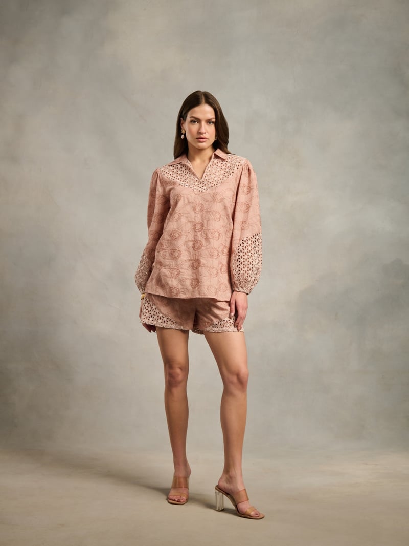 Peach Cotton Schiffli Cutwork Collared Blouse