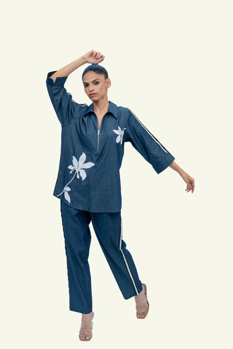 Blue Denim Cotton Shirt with Embroidery