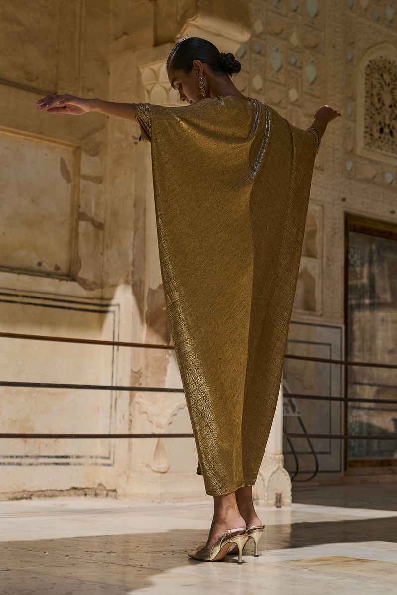 Gold Metallic Draped Maxi Kaftan with V-Neck
