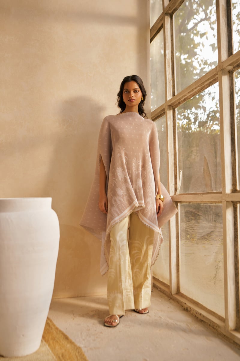 Beige Pleated Printed Kimono Cape — Moh India