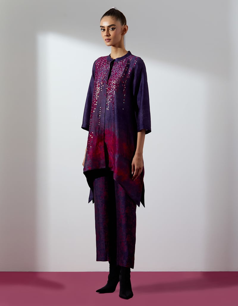 Maroon Purple Dupion Silk Kurta Pant Co-ord Set