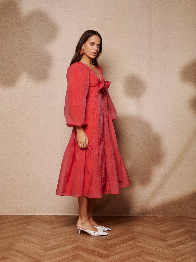Red V-Neck Bow Detail Tiered Midi Dress