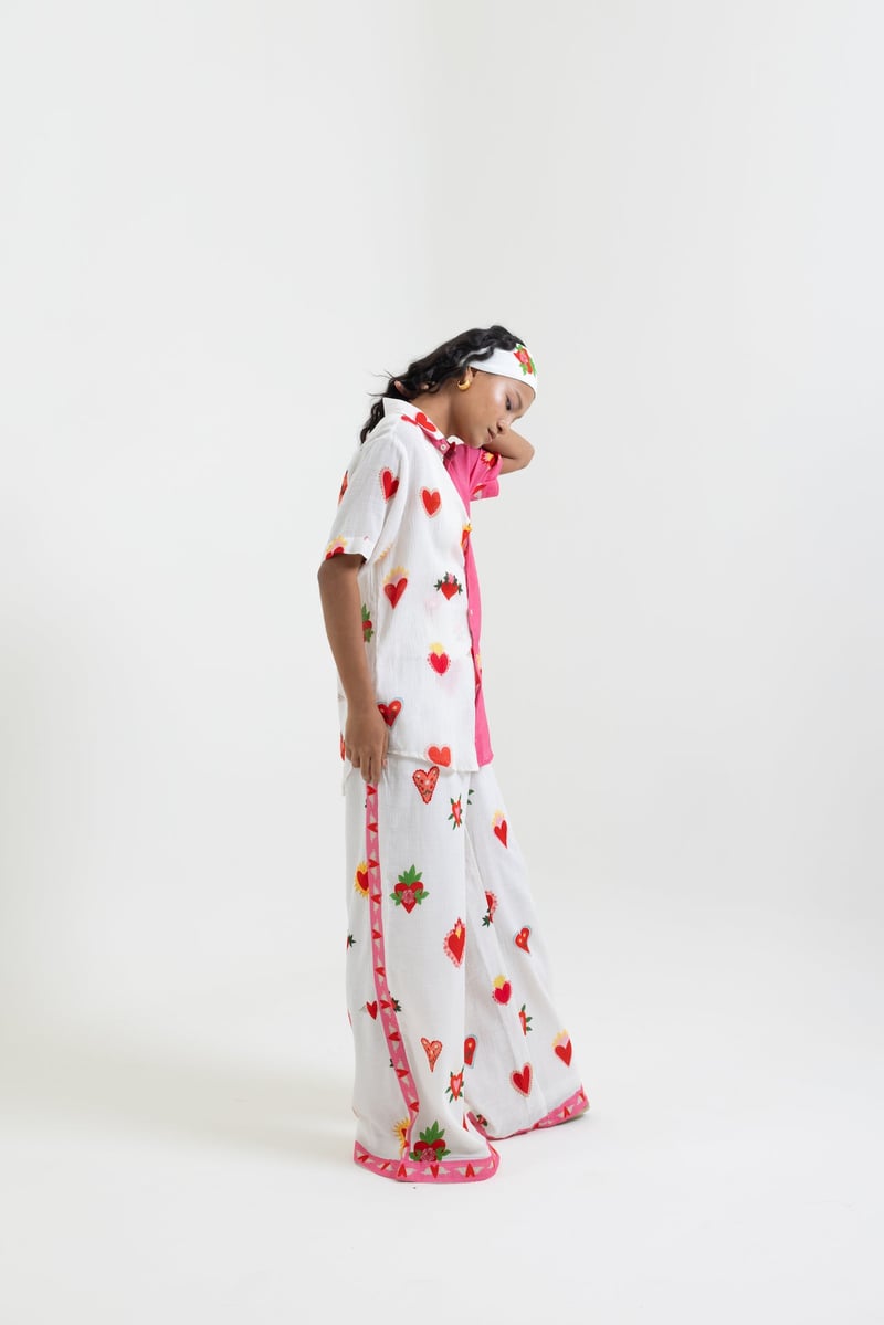 White and Pink Colorblock Heart Print Button-Up Shirt