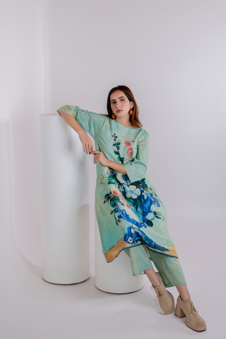 Aqua Green Printed A-Line Kurta and Pant Set