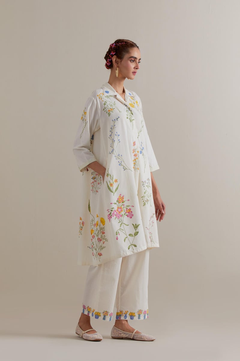 Off-White Floral Block Print A-Line Kurta Set with Dupatta