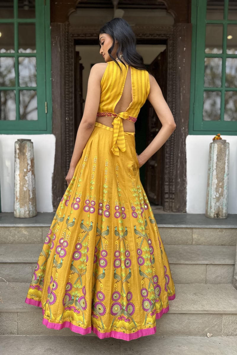 Yellow Printed Lehenga Set with Embroidered Tie-Back Blouse