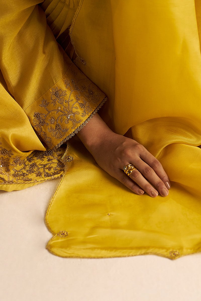 Bamboo Yellow A-Line Kurta Set with Zari Border