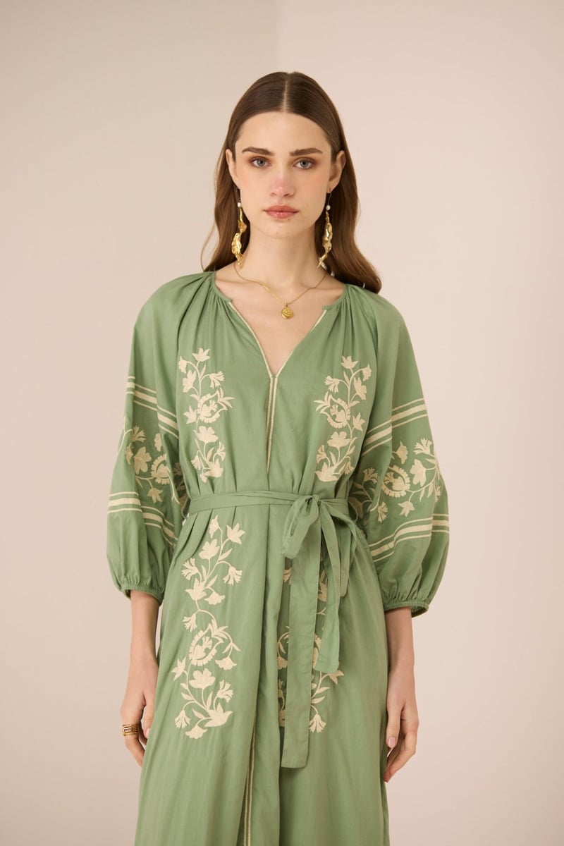 Epsom Green Cotton Embroidered Belted Maxi Dress
