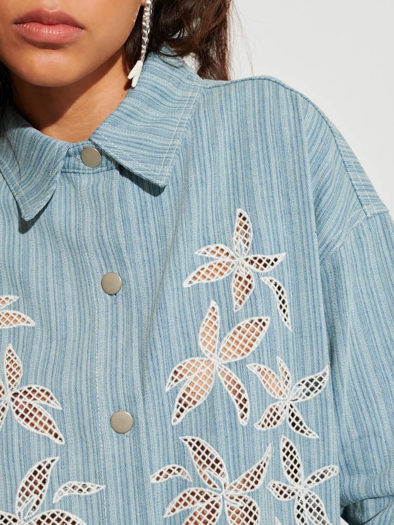 Washed Blue Striped Denim Shirt with Floral Cutwork