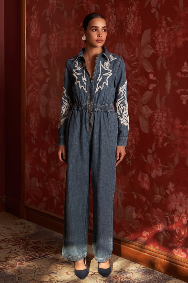 Blue Denim Zip-Front Embroidered Jumpsuit