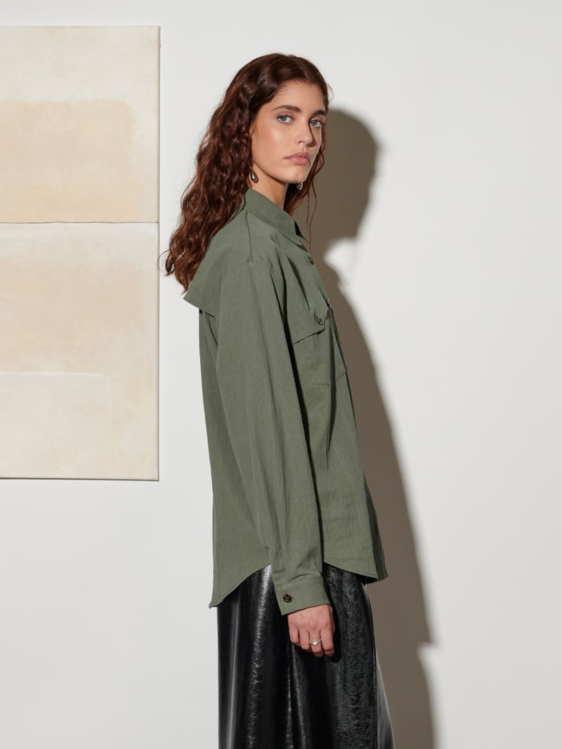 Military Green Boxy Utility Pocket Shirt